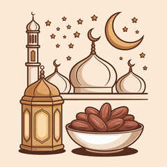 Celebrating ramadan with traditional elements and dates in a serene islamic setting