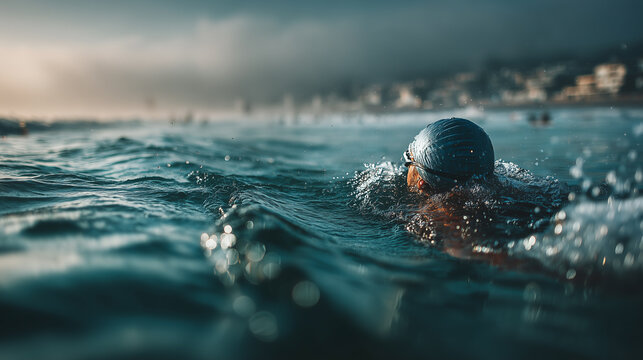 Swimmer wearing cap swims in open water, rear view, waves, sunrise light, blurred coastal city
