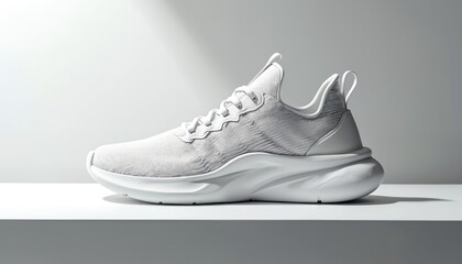 Modern white sneaker stands on stand. Sport footwear design for active lifestyle. Shoe suitable for running, fitness and everyday wear. Minimalist style with focus on comfort and performance.