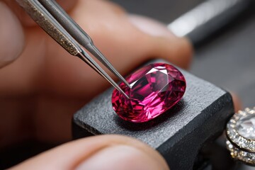 Crafting a vibrant pink gemstone with precision in a jewelry workshop setting