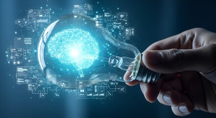A hand holding a glowing light bulb containing a digital brain surrounded by complex circuit data, representing artificial intelligence and innovative ideas