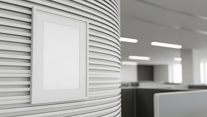 Vertical blank white frame mockup on a modern curved slatted wall in a contemporary minimalist office space, ideal for branding and display.