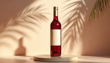 Red wine bottle stands on pedestal. Palm leaf shadows frame the product. Light and shadow create a tropical aesthetic. Ideal for drink advertising. Perfect for wine tasting or holiday promotions.