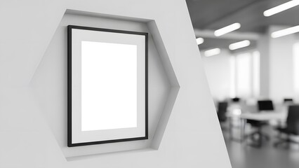 Vertical Black Frame Mockup in a Modern White Office with Geometric Wall Recess. Perfect for displaying art, posters, advertisements, or branding.