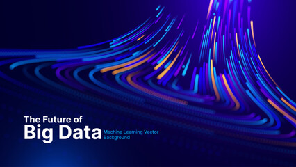 Fototapeta na wymiar Big Data Technology Flow Background with Neural Network Particles and Digital Stream Lines. Futuristic Data Science Concept. Tech Business Presentation or Annual Report Template. Vector Illustration.