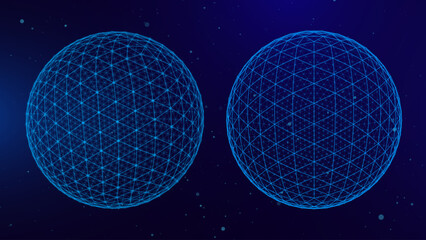 Abstract 3D Spheres of Neon Dots and Stripes. Hi-Tech Orb HUD Design Element. Global Network Connection. Abstract Globe Grid. Science and Technology Vector Illustration. © ec0de