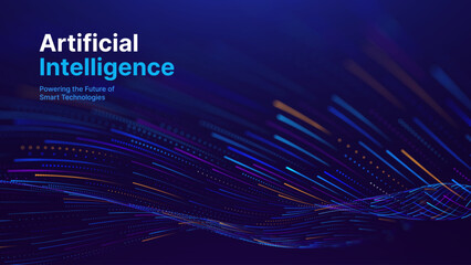 Big Data Flow Particles Dots. Digital Neural Network. Concept of AI Artificial Intelligence Technology Machine Deep Learning. Digital Communication. Scientific Research Presentation Vector.