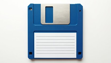Blue floppy disk on white background. Top view of old computer storage device. Symbol of outdated tech. Close up of classic digital data storage. Obsolete tech icon.