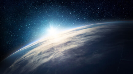 View of the Earth, stars and sun. Planet Earth, view from space. Space fantasy. Elements of this image furnished by NASA.