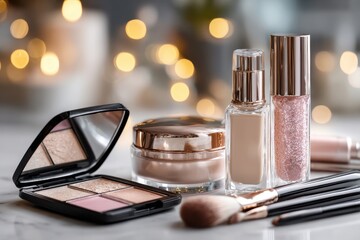 Luxury makeup products and tools on marble table