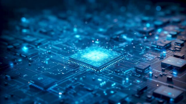 High performance microchip architecture glowing on circuit board with advanced semiconductor design, data processing power, and computing technology