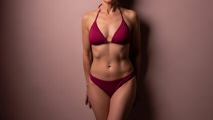 Fototapeta premium Passionate woman's body in vibrant burgundy bikini highlighting fitness and sensuality against a romantic studio wall with ample copy space