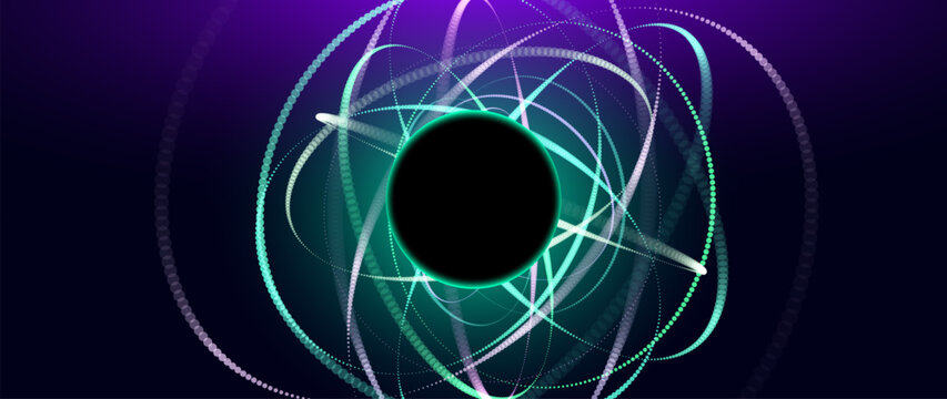 3D Neon Lights Atom with Orbital Electrons. Nuclear Energy, Scientific Research, Molecular Chemistry, Physics Science Concept. Vector Illustration.