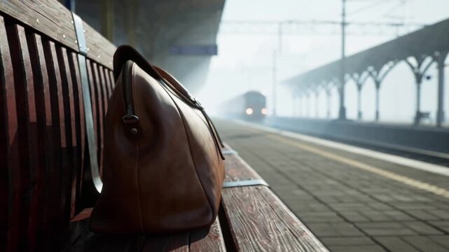 4K timelapse of a brown leather bag on a bench quiet train station, sunrise morning light transition, slow motion commuters walking blurred, trains passing, atmospheric fog lifting, sharp leather