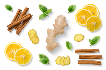 Clean flat lay of fresh ginger root, lemon slices, honey with dipper and mint leaves isolated on white background. High-quality PNG for food packaging, wellness branding, labels and seasonal design.