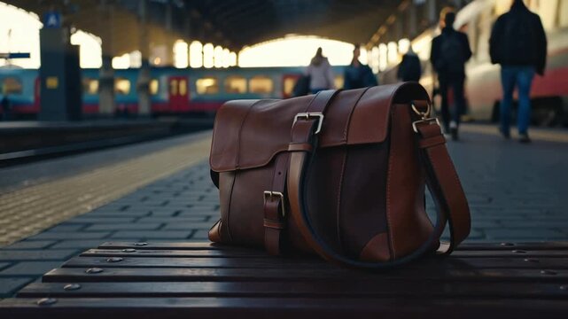 4K timelapse of a brown leather bag on a bench quiet train station, sunrise morning light transition, slow motion commuters walking blurred, trains passing, atmospheric fog lifting, sharp leather