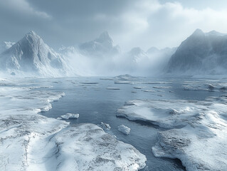 A vast icy landscape with snow capped mountains, floating ice floes, and ice crevices under soft, gently glowing light.