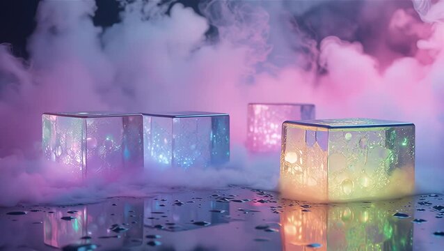 Colorful Ice Blocks Casting Light in Fog