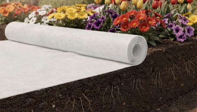 Medium shot of nonwoven geotextile rolls unrolled beneath garden soil showcasing efficient erosion control in vibrant flower beds.