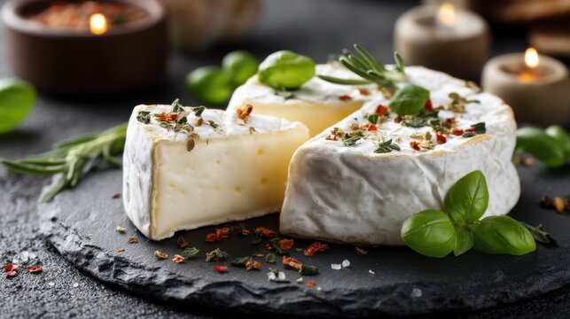 Delicious brie cheese with herbs and spices on slate platter.