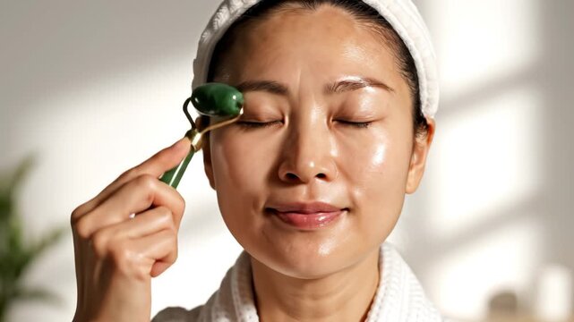 Woman using jade roller on face