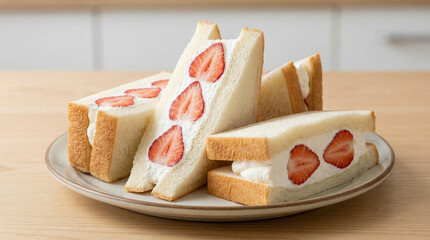 Strawberry Cream Sandwich on Wooden Table Plate