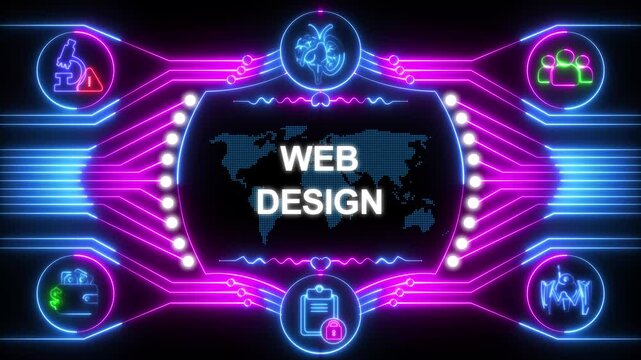 Neon web design concept with glowing pink and blue lines and icons
