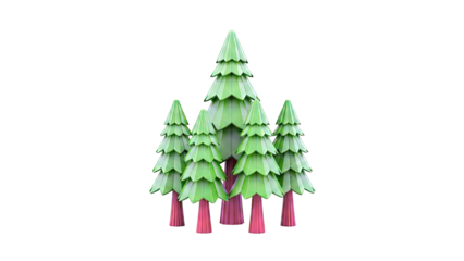 Group of stylized green pine trees on white background