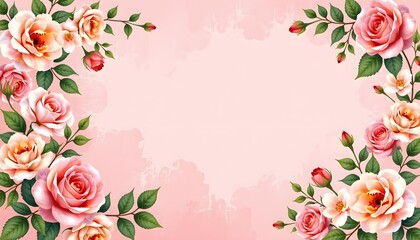 Elegant Floral Border Design with Soft Pink Background and Various Roses Accentuating the Edges for Beautiful Decoration