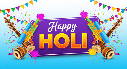 Happy Holi festival celebration header banner or poster design on purple background with water gun and bunting decoration.