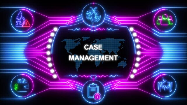 Neon Case Management Concept with Futuristic Interface and Global Network