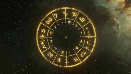 Cinematic 4K zodiac horoscope circle floating deep space, all twelve astrological signs made of glowing constellations, golden star lines connecting symbols, rotating Milky Way galaxy background video