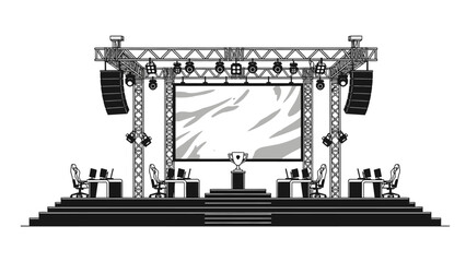 Professional e-sports tournament stage silhouette with large screen and gaming stations. © rohati