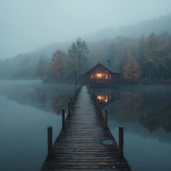 Fototapeta premium Wooden cabin on lake with pier in autumn fog. Warm lights glow from windows creating cozy atmosphere. Trees display fall colors reflected in still water.