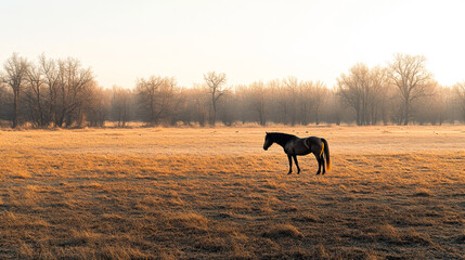 Black horse standing alone in a misty field surrounded by trees during early morning light in a serene landscape