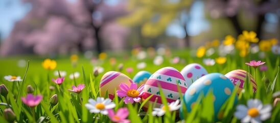 Colorful Easter Eggs Nestled Among Blooming Flowers in a Vibrant Spring Garden Under Bright Blue Sky with Cherry Blossom Trees