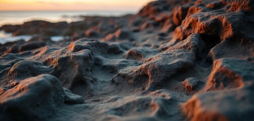 Close up photo of eroded coastal rock formation shows rough dark brown surface with interesting texture. Abstract landscape shows natural geology near sea at sunset.