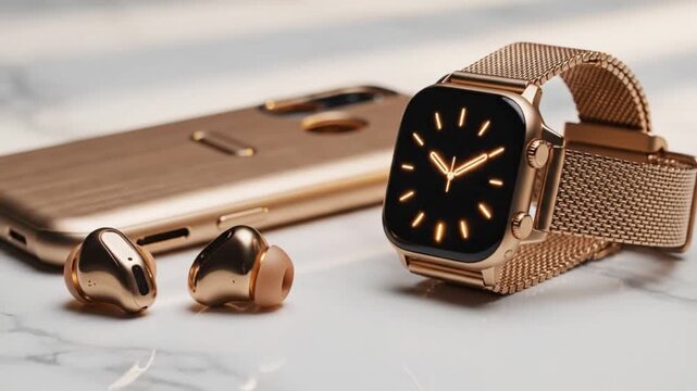 Rose Gold Smartwatch, Wireless Earbuds, and Smartphone Luxury Tech Accessory Set