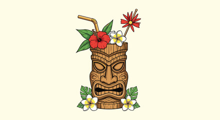 A tropical tiki cocktail served in a wooden tiki mask mug, garnished with flowers, leaves, a straw, and a drink stirrer.