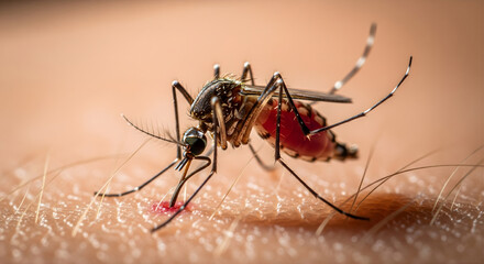 Extreme macro close up of mosquito biting human skin and sucking blood showing detailed anatomy of insect and red puncture mark on epidermis indicating potential disease transmission and virus risk