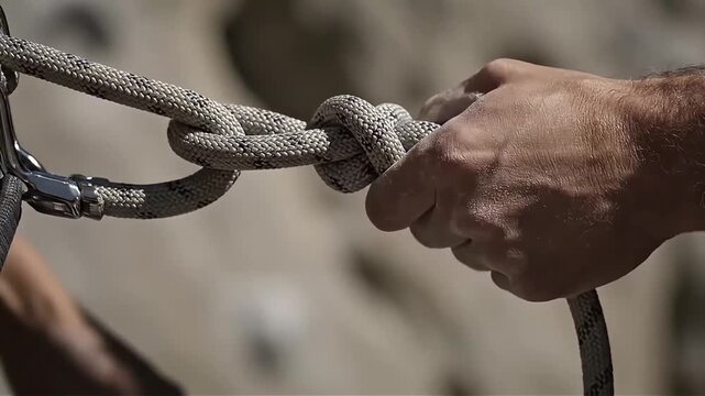 Strong Hand Holding Rope Climbing Rigging Knot Adventure Outdoor Sport Challenge Strength Power Resilience Success Ascent Mountain Peak
