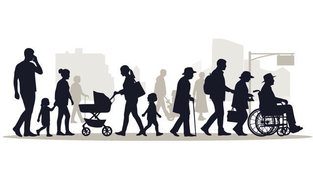 Diverse group of people of different ages and abilities walking together in a city silhouette.