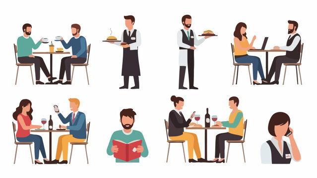 A collection of illustrations depicting people dining in a restaurant, being served by waiters, and enjoying their meals.