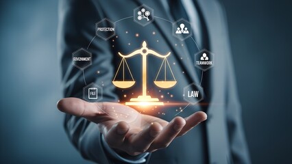 aAprofessional in a suit holding a glowing scale of justice surrounded by icons for law, government, agreement, and teamwork