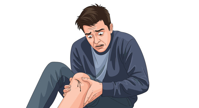 A shocked and horrified man is looking down at a leech attached to his bleeding knee after an injury in the wilderness.