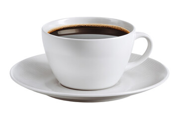 A white ceramic cup filled with black coffee on a matching saucer isolated on transparent background