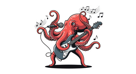 A cool cartoon octopus rock star is singing into a microphone and playing an electric guitar with its many tentacles.