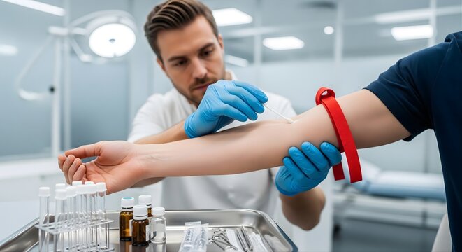Medical professional in blue gloves preparing patient arm for blood collection using cotton swab and red tourniquet in bright modern laboratory setting with clinical equipment on metal tray surface