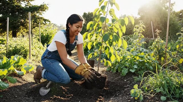Young woman gardening planting tree organic farm sustainable agriculture healthy lifestyle food growing vegetables backyard garden farming rural life nature sunlight stock video footage