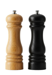 Elegant, polished walnut and deep black oak spice mills, hourglass shape, sterling silver knobs, isolated on a transparent background in hyperrealistic studio product shot. Concept for refined kitchen